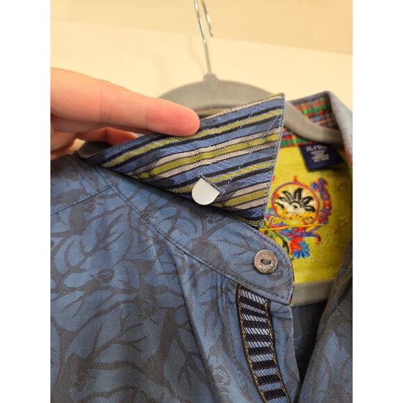 Robert Graham Blue Leaf Pattern Silk Flip Collar Buttondown Shirt, Men's Size XL - Picture 3 of 12